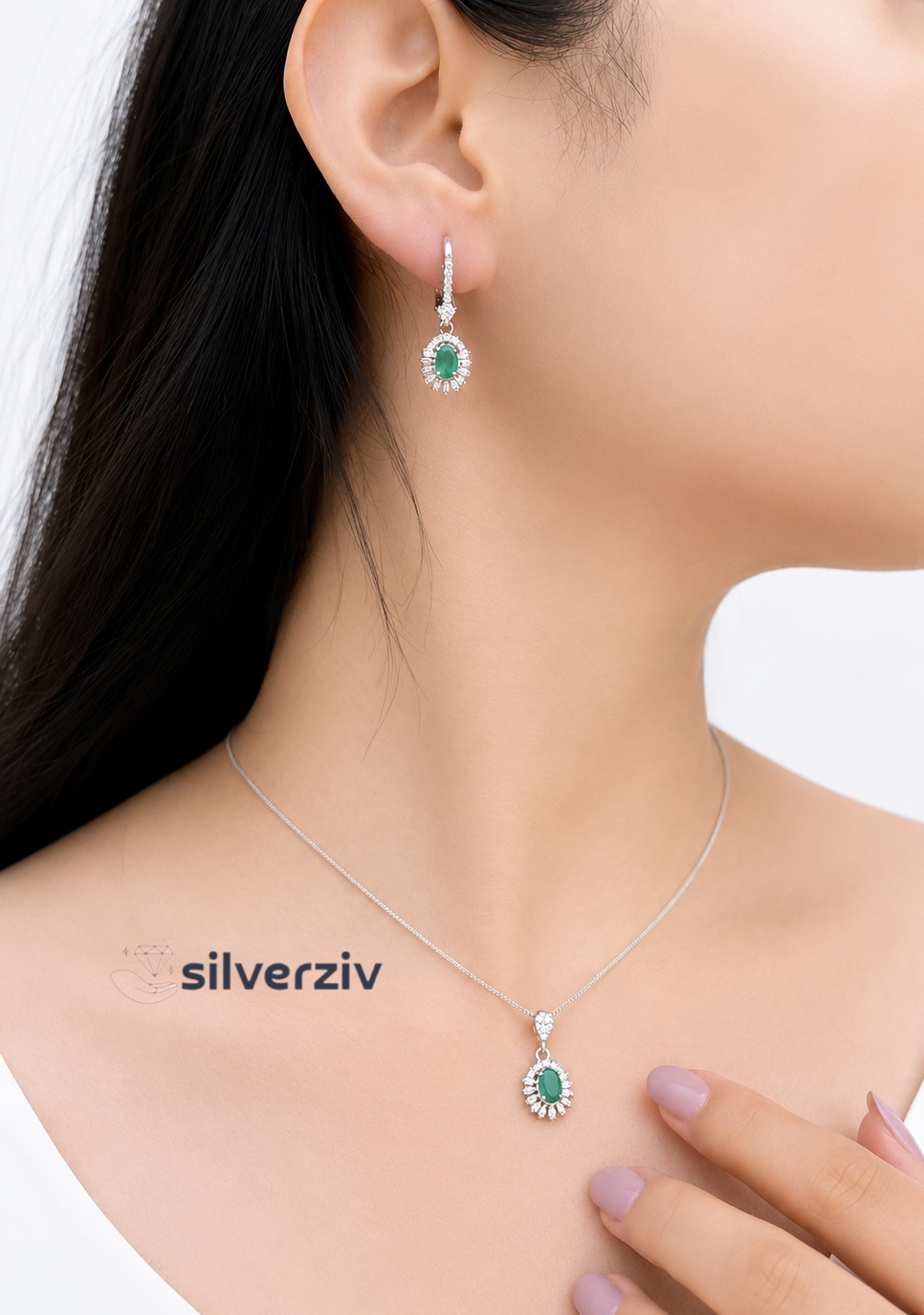 سرویس زنجیری نقره با سنگ زمرد| silverziv