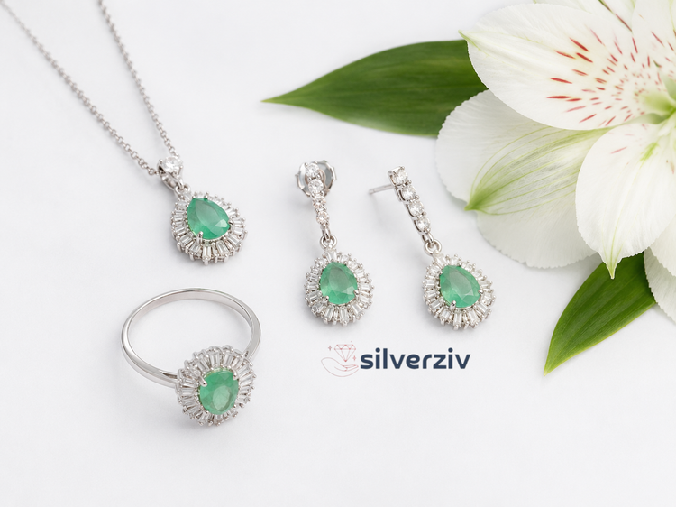 سرویس زنجیری نقره با نگین طبیعی زُمُرُد |silverziv