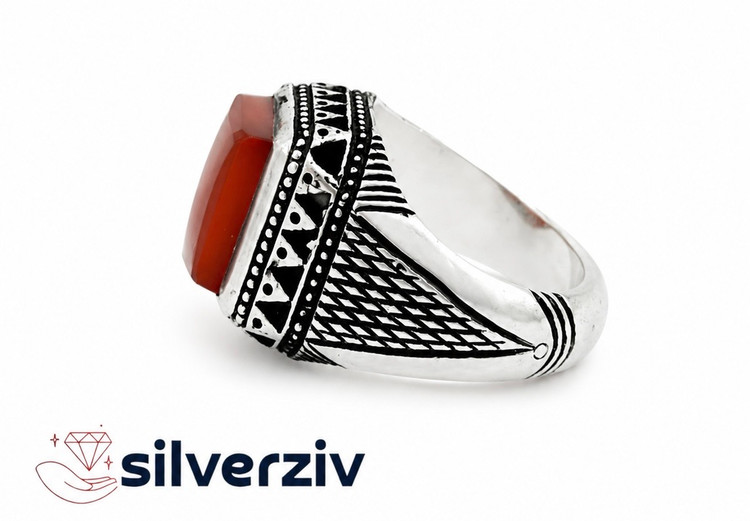 انگشتر عقبق سرخ چهارگوش| silverziv